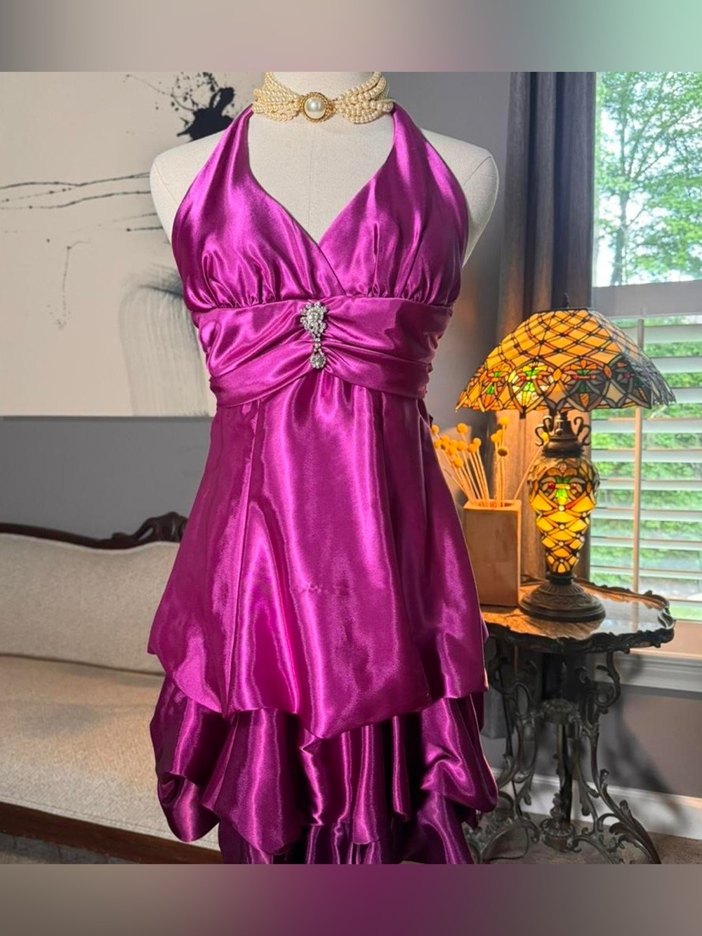 Satin Halter Maxi Dress in Fuchsia with Rhinestone Accent